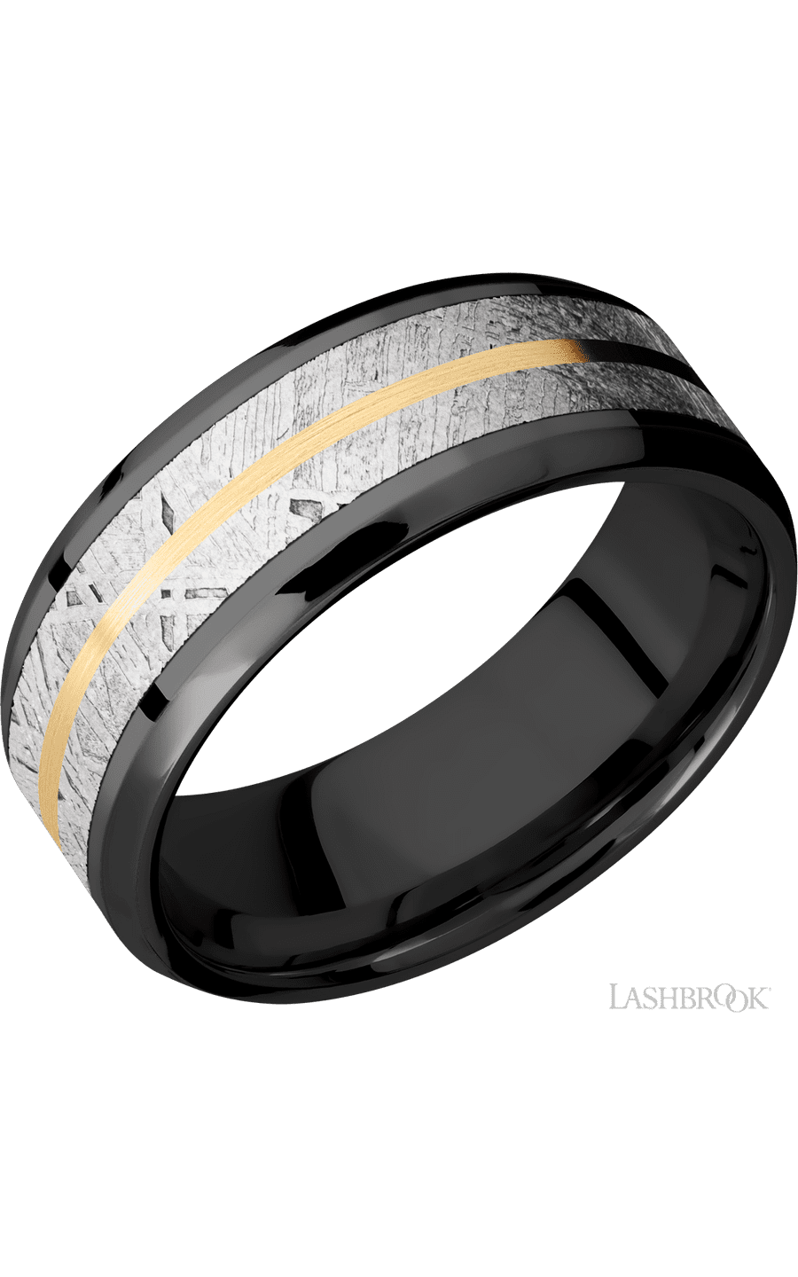 8 mm wide/Beveled/Zirconium band featuring inlays of Meteorite and