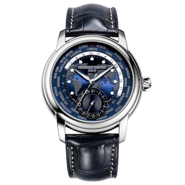 Classic Worldtimer Manufacture Blue Leather Strap by Frederique Constant