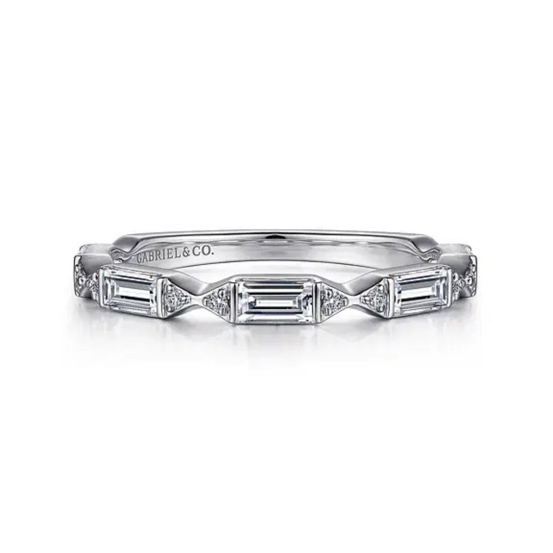 Porta - 14K White Gold Channel Set Baguette and Round Diamond Anniversary Band