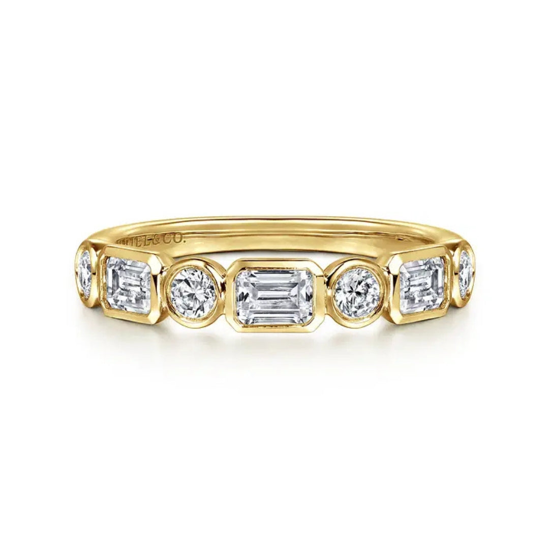 14K Yellow Gold Bezel Set 0.49cttw VS2 G-H Emerald Cut & 0.27cttw SI G-H RBC Diamond Band by Gabriel
