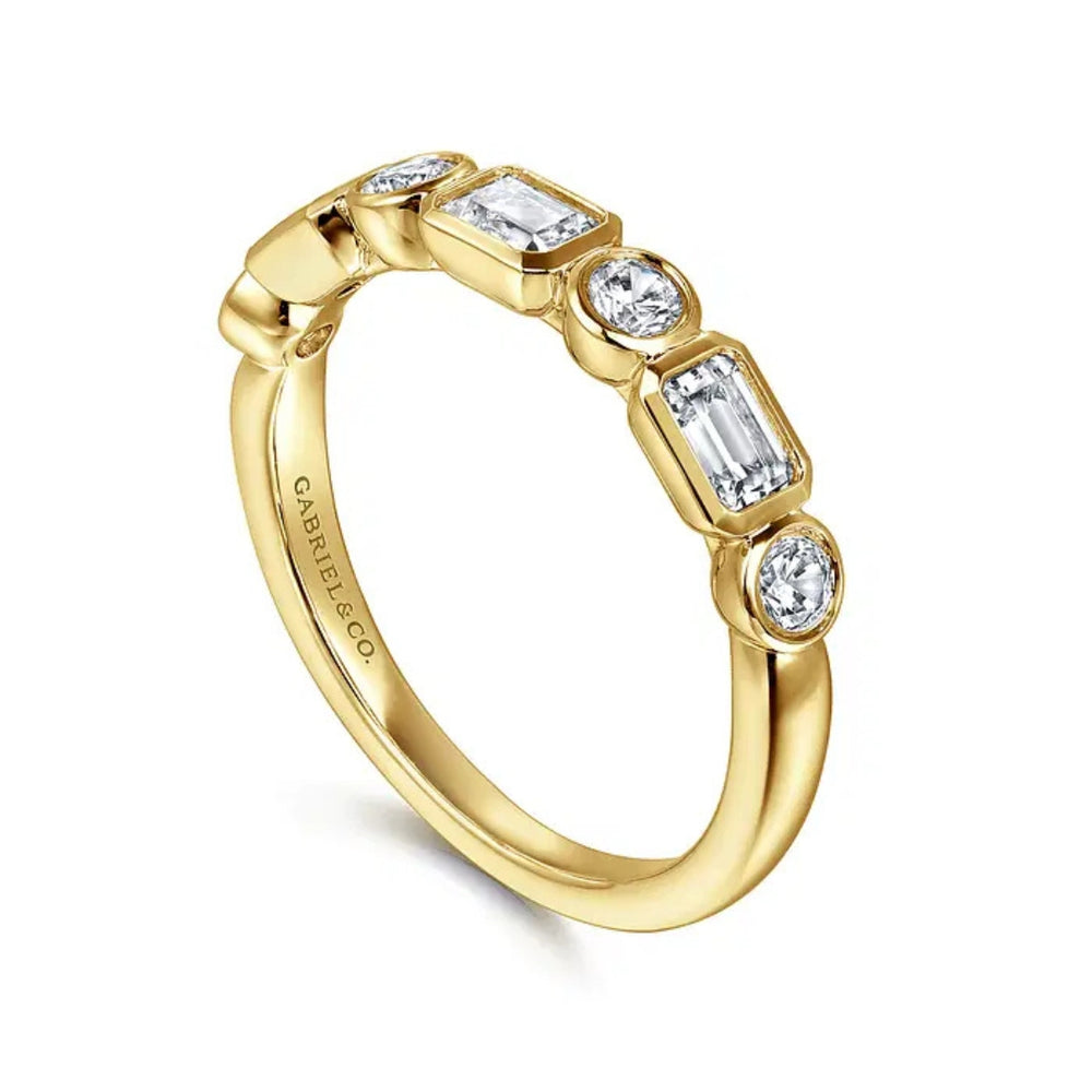 14K Yellow Gold Bezel Set 0.49cttw VS2 G-H Emerald Cut & 0.27cttw SI G-H RBC Diamond Band by Gabriel