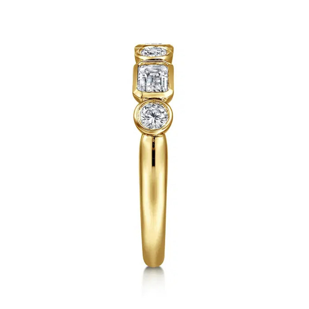 14K Yellow Gold Bezel Set 0.49cttw VS2 G-H Emerald Cut & 0.27cttw SI G-H RBC Diamond Band by Gabriel