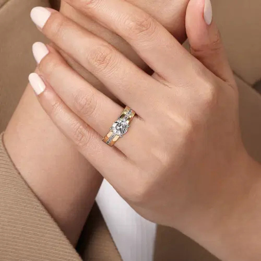Adley - 14K Yellow-White Gold Wide Band Round Diamond Engagement Ring