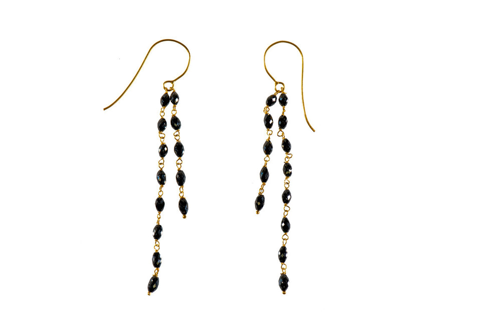 18K Yellow Gold 7.75cttw Oval Black Diamond Bead High Low Earrings