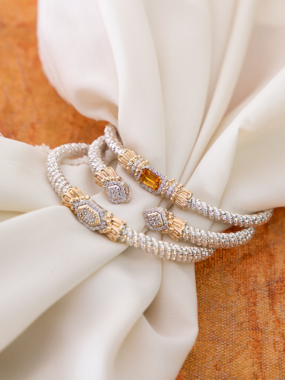 Sterling Silver & Yellow Gold Diamond Open Band Bracelet by VAHAN