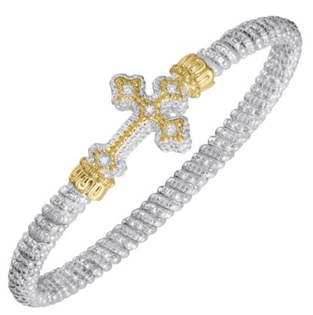 Sterling Silver & 14K Yellow Gold 4mm 0.10cttw Diamond Closed Band Cross Bracelet by Vahan