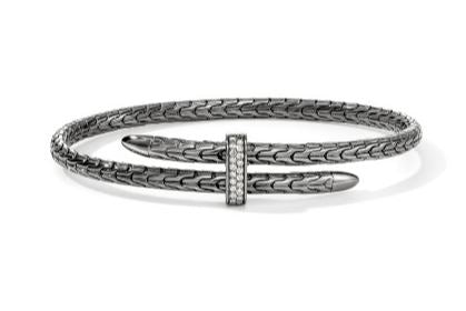 Spear Silver 0.16cttw Diamond Pave Bypass 4mm Flex Cuff with Black Rhodium Sz M by John Hardy
