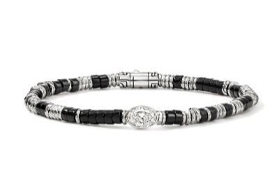 JH Lovestruck Heishi Silver Oval 1ct LAB GROWN Diamond 4mm Treated Black Onyx Beads Bracelet Sz XL by John Hardy