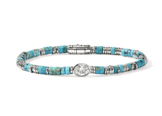 JH Lovestruck Heishi Silver Bracelet with Oval 1.00ct LAB GROWN Diamond with Treated Turquoise Sz M by John Hardy
