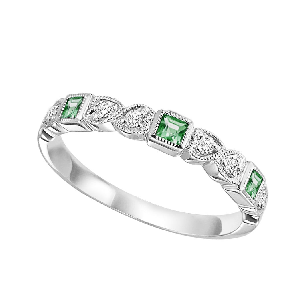 10K White Gold, Emerald & Diamond Band