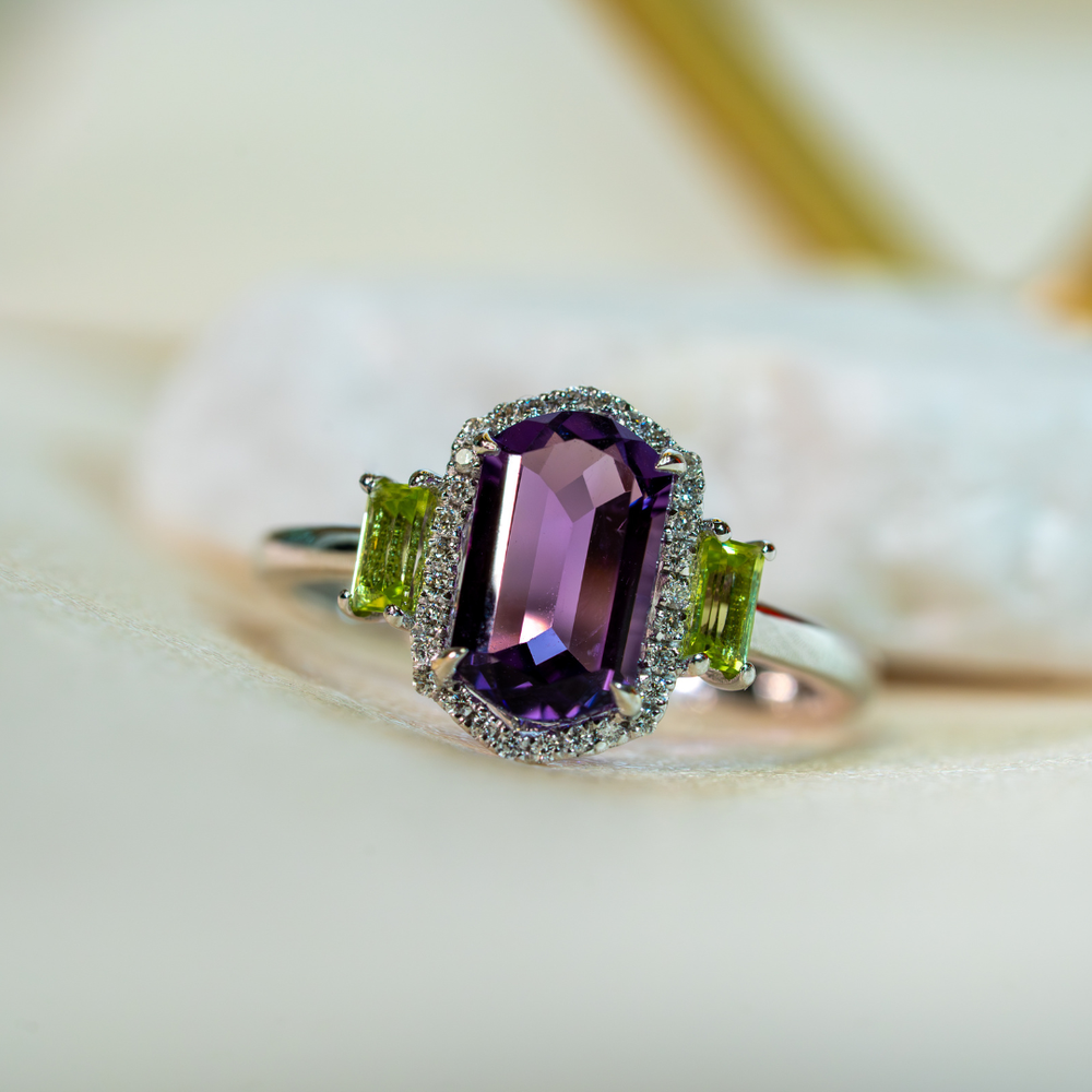 14K White Gold Amethyst & Peridiot & Diamond Ring by Bellarri