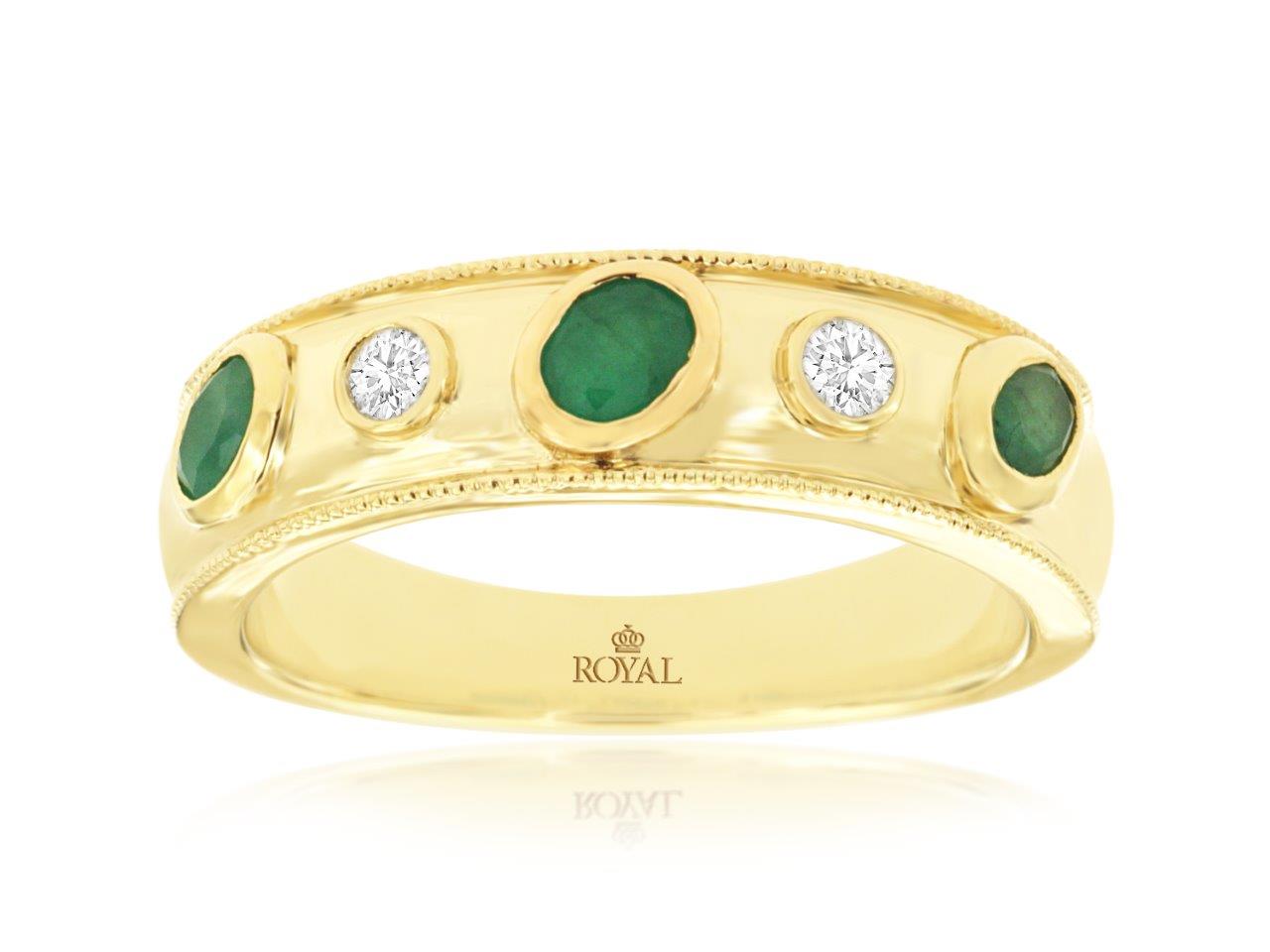 14K Yellow Gold Bezel Set Emerald & Diamond Ring by RJM