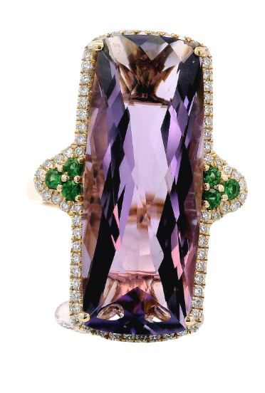 14K Yellow Gold 11.05ct Amethyst, 0.06cttw Tsavorite, & 0.34cttw Diamond Ring by Bellarri