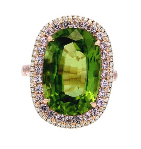 14K Rose Gold 11.34 Peridot, 1.54cttw Pink Sapphire, & 0.58cttw Diamond Ring by Bellarri