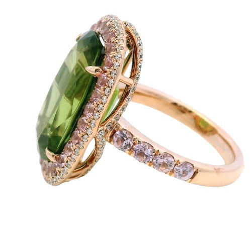 14K Rose Gold 11.34 Peridot, 1.54cttw Pink Sapphire, & 0.58cttw Diamond Ring by Bellarri