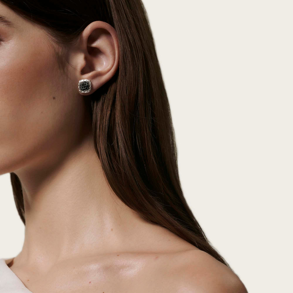 Essentials Silver Lava Square Stud Earrings with Treated Black Sapphire by John Hardy