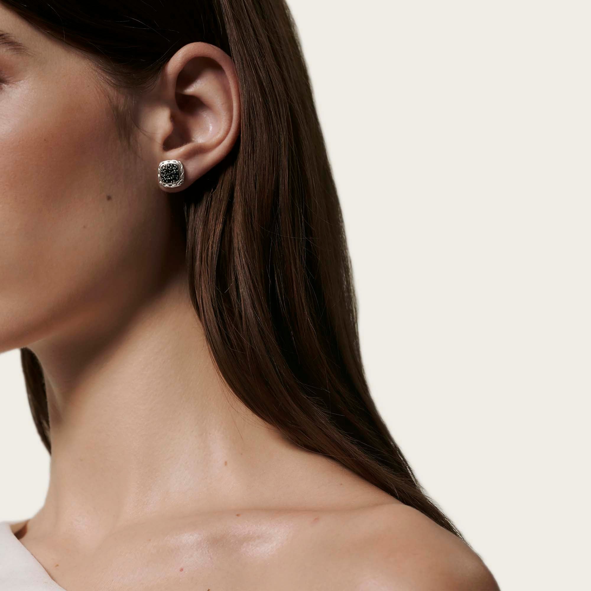 Essentials Silver Lava Square Stud Earrings with Treated Black Sapphire by John Hardy