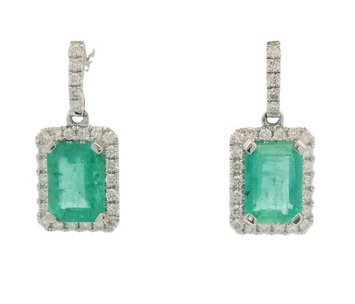 14K White Gold 1.97cttw Emerald & 0.28cttw Diamond Earrings