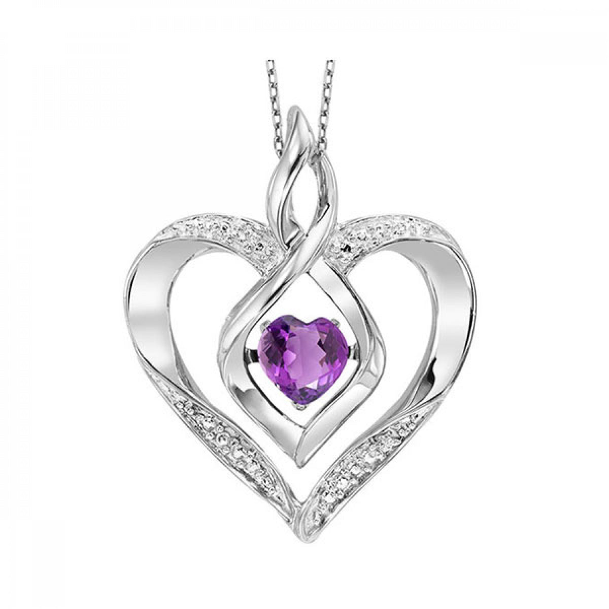 Sterling Silver Created Amethyst & Diamond Rhythm of Love Heart Pendant & Chain