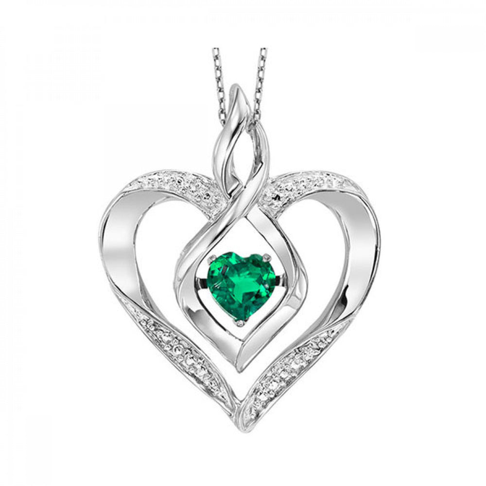Sterling Silver Created Emerald & Diamond Rhythm of Love Heart Pendant & Chain