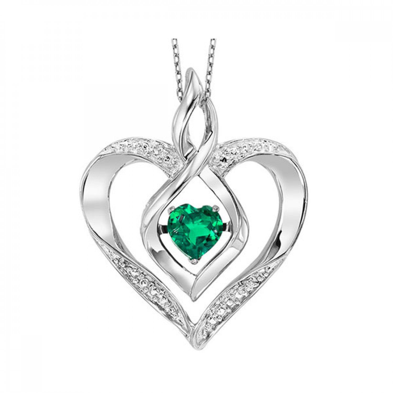 Sterling Silver Created Emerald & Diamond Rhythm of Love Heart Pendant & Chain