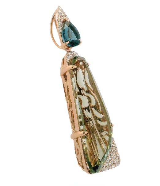14K Rose Gold 14.00cttw Prasiolite, 1.06cttw London Blue Topaz, & 0.36cttw Diamond Pendant