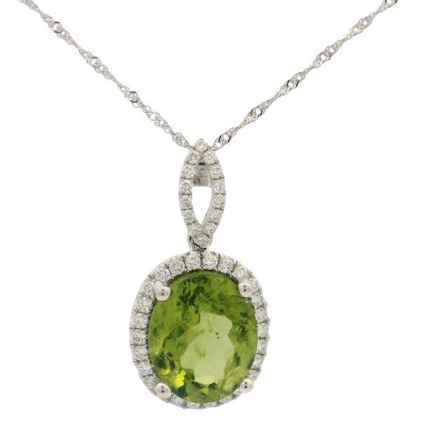 14K White Gold Peridot & Diamond Pendant Necklace