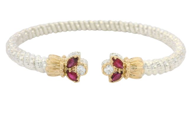 Sterling Silver & 14K Yellow Gold Ruby & 0.20cttw Diamond 4mm Open Band Bracelet by Vahan