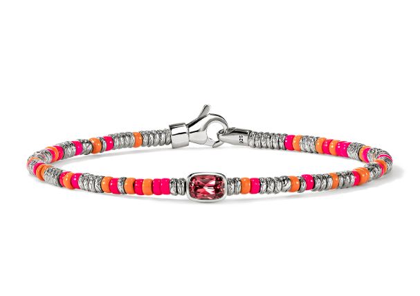 Heishi Silver Beads Bracelet with 6x4mm Rhodolite with 2.5mm Orange & Neon Pink Enamel Beads Sz S by John Hardy
