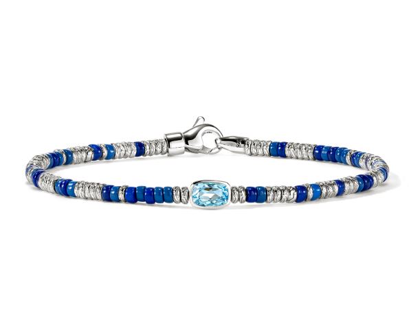 Heishi Silver Beads Bracelet with Treated Swiss Blue Topaz & Blue Enamel Beads Sz S by John Hardy