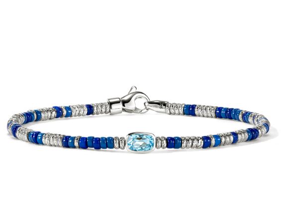 Heishi Silver Beads Bracelet with Treated Swiss Blue Topaz & Blue Enamel Beads Sz M by John Hardy