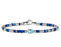 Heishi Silver Beads Bracelet with Treated Swiss Blue Topaz & Blue Enamel Beads Sz M by John Hardy