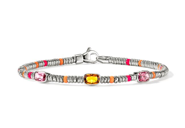 Heishi Silver Beads Bracelet with Orange Citrine, Rhodolite, & Pink Tourmaline with Enamel Beads Sz S by John Hardy