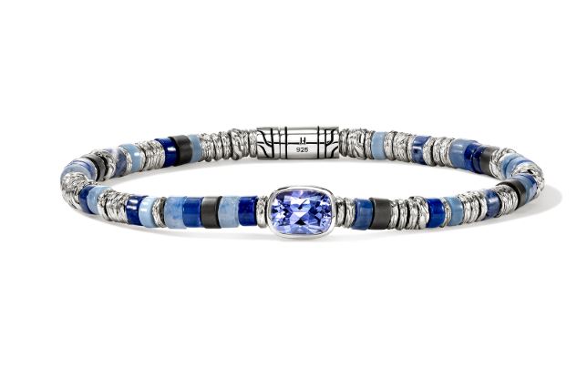 Heishi Silver Beads Bracelet with Tanzanite, Lapis, Sodalite, Treated Blue Aventurine, Blue Opal, & Matte Hematite Beads Sz M by John Hardy