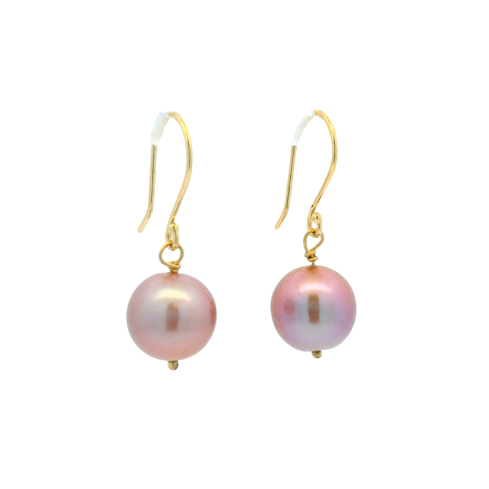 14K Yellow Gold 9.5mm Purple Freshwater Pearl Earrings