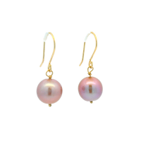 14K Yellow Gold 9.5mm Purple Freshwater Pearl Earrings