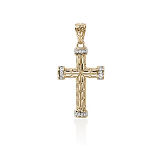 Carved Chain 14K Gold Diamond Pave (0.09ct) Cross Pendant by John Hardy