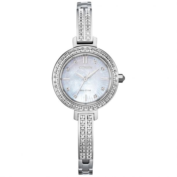 Ladies Eco Drive Silhouette Crystal Princess Cut Bangle Watch with Mother of Pearl Face by Citizen