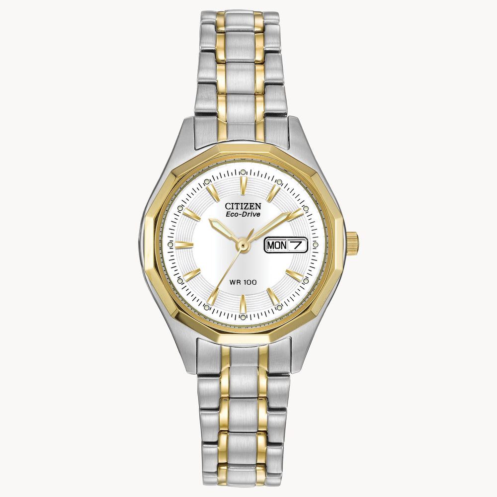 Ladies Eco Drive Two Tone  Watch with White Dial & Day/Date by Citizen