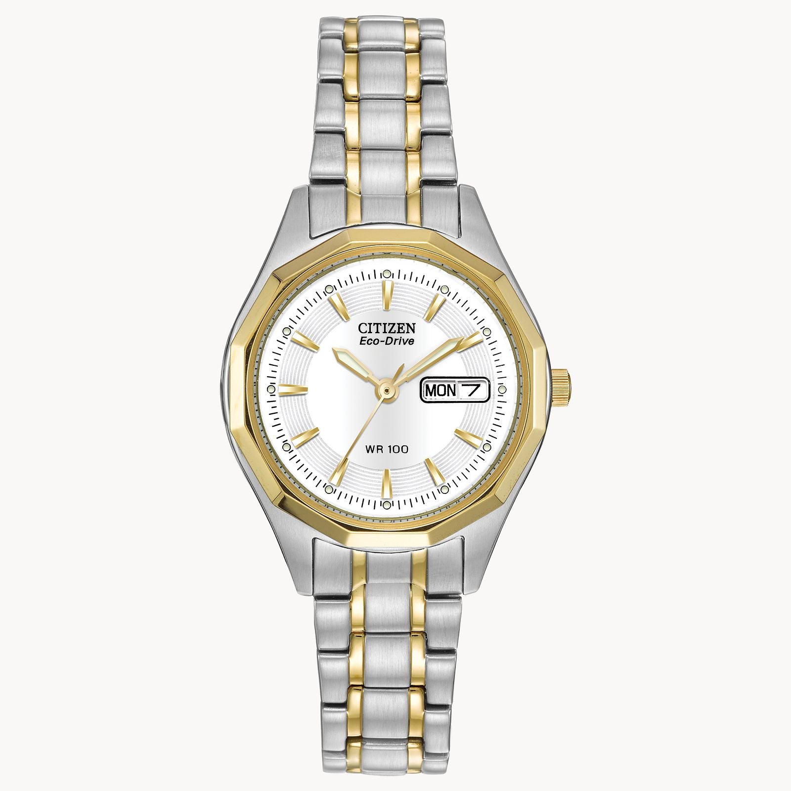 Ladies Eco Drive Two Tone  Watch with White Dial & Day/Date by Citizen