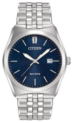 Men's Stainless Steel  EcoDrive Watch with Blue Dial & Date by Citizen