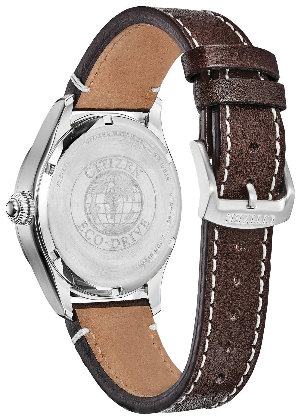 Men's Stainless Steel Eco-Drive Watch with Evergreen Dial & Brown Leather Band by Citizen
