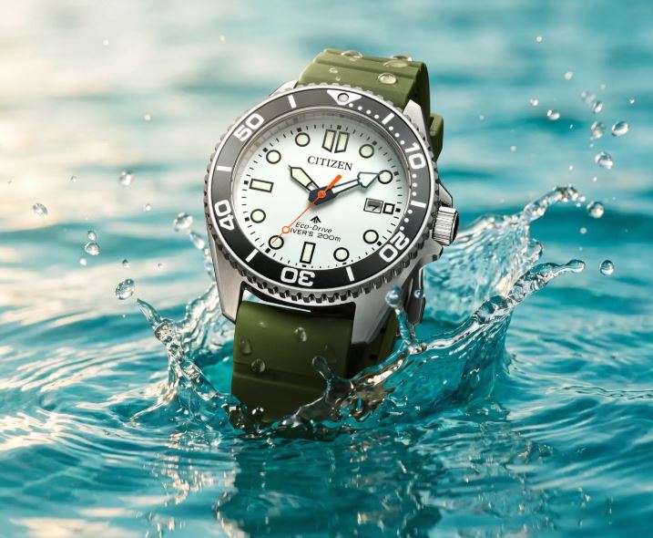 Men's Eco-Drive White Face Watch with Green Band by Citizen