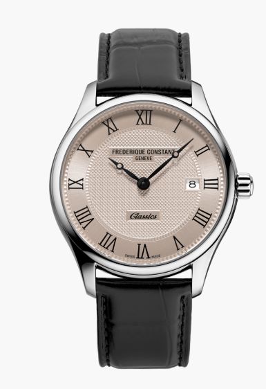 Men's Classics Quartz Date with Cream Dial & Black Leather Strap by Frederique Constant