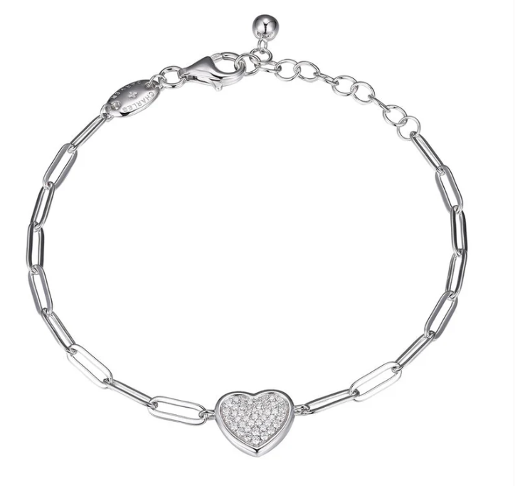 Sterling Silver Paperclip Bracelet with Pave CZ Heart by Charles Garnier