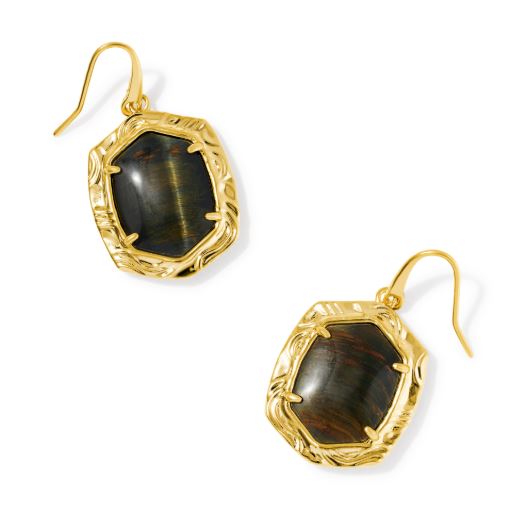 Tiger Striped Daphne Gold Plated Dark Brown Hawk's Eye Drop Earrings by Kendra Scott