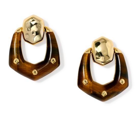 Embry Gold Plated Dark Brown Hawk's Eye Open Frame Earrings by Kendra Scott