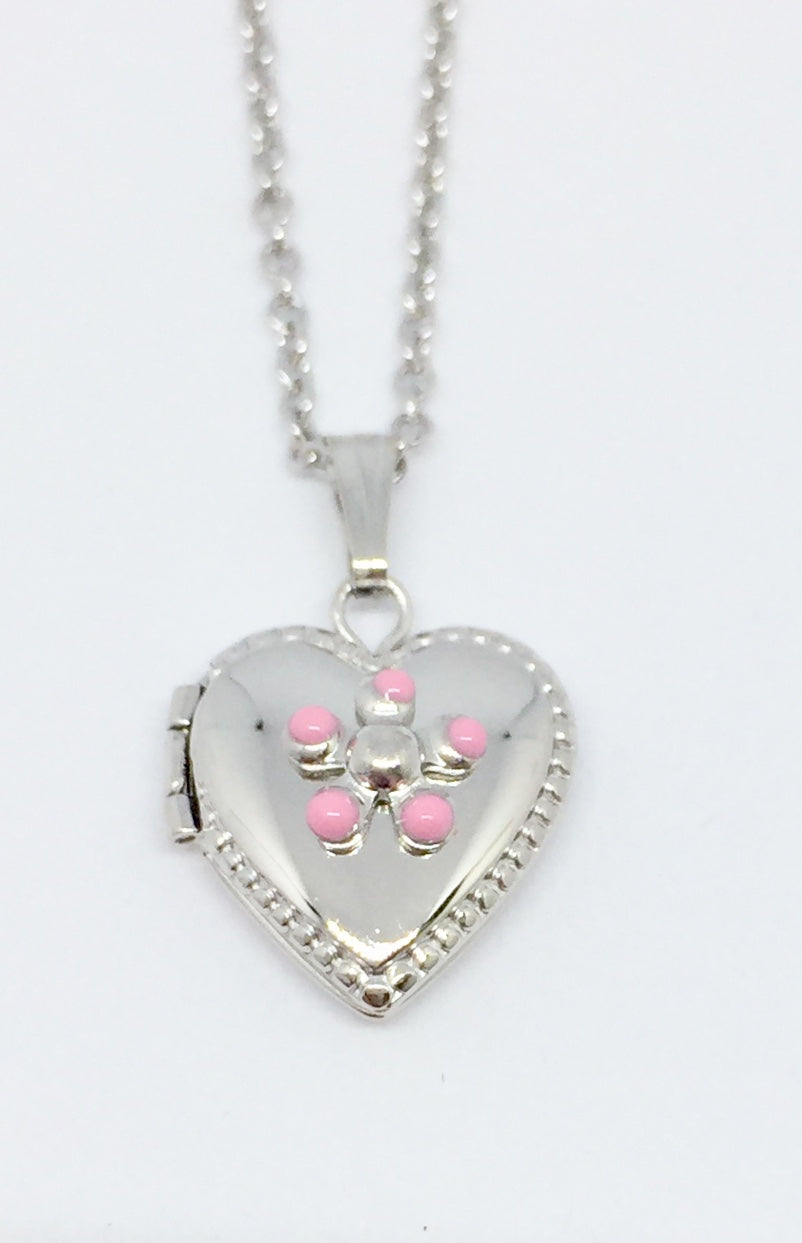 Silver Baby Heart Shaped Locket with Flower Pendant Necklace 15"