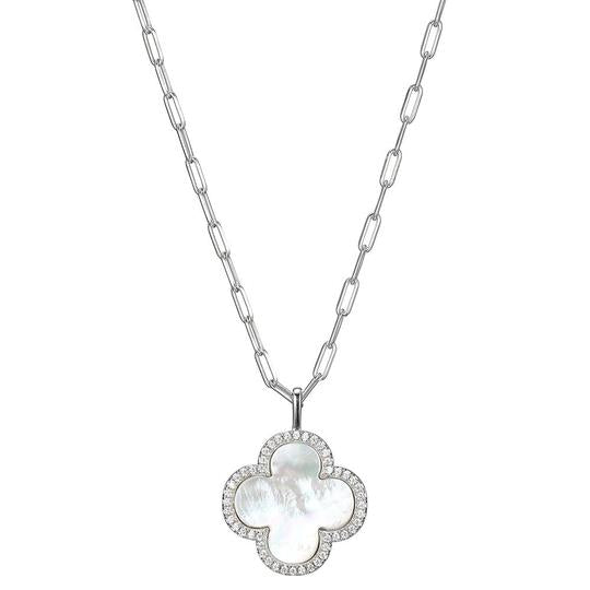 Sterling Silver Paperclip Chain Necklace with CZ & Mother of Pearl  Clover 17