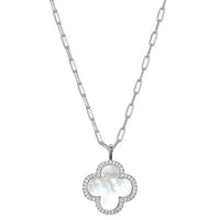 Sterling Silver Paperclip Chain Necklace with CZ & Mother of Pearl  Clover 17